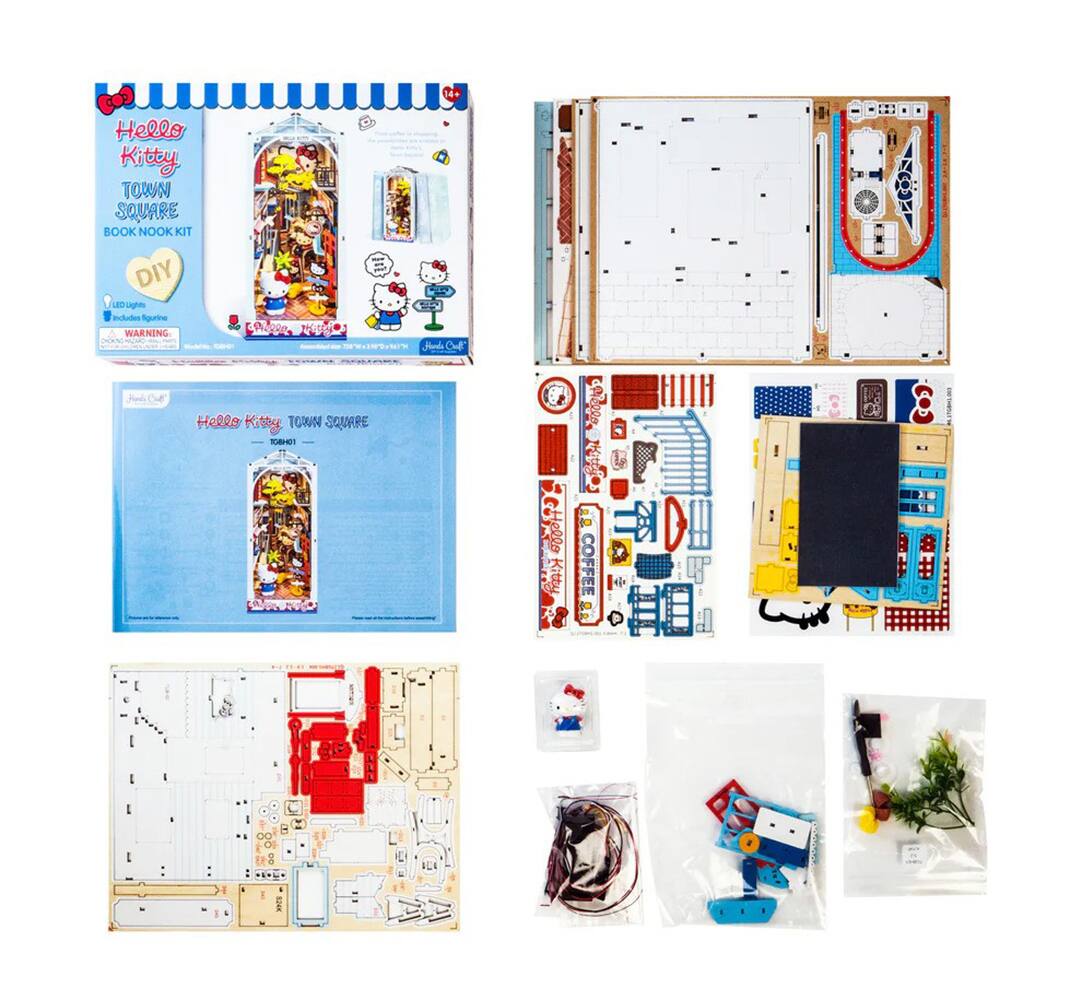 Hello Kitty Town Square Book Nook Kit  
DIY  
Includes Lights  
WARNING: CHOKING HAZARD - Small parts. Not for children under 3 years.  

Hello Kitty Town Square  
KGBH-01  

Hello Kitty Town Square  
KGBH-01  

Hello Kitty Town Square  
KGBH-01  

Hello Kitty Town Square  
KGBH-01