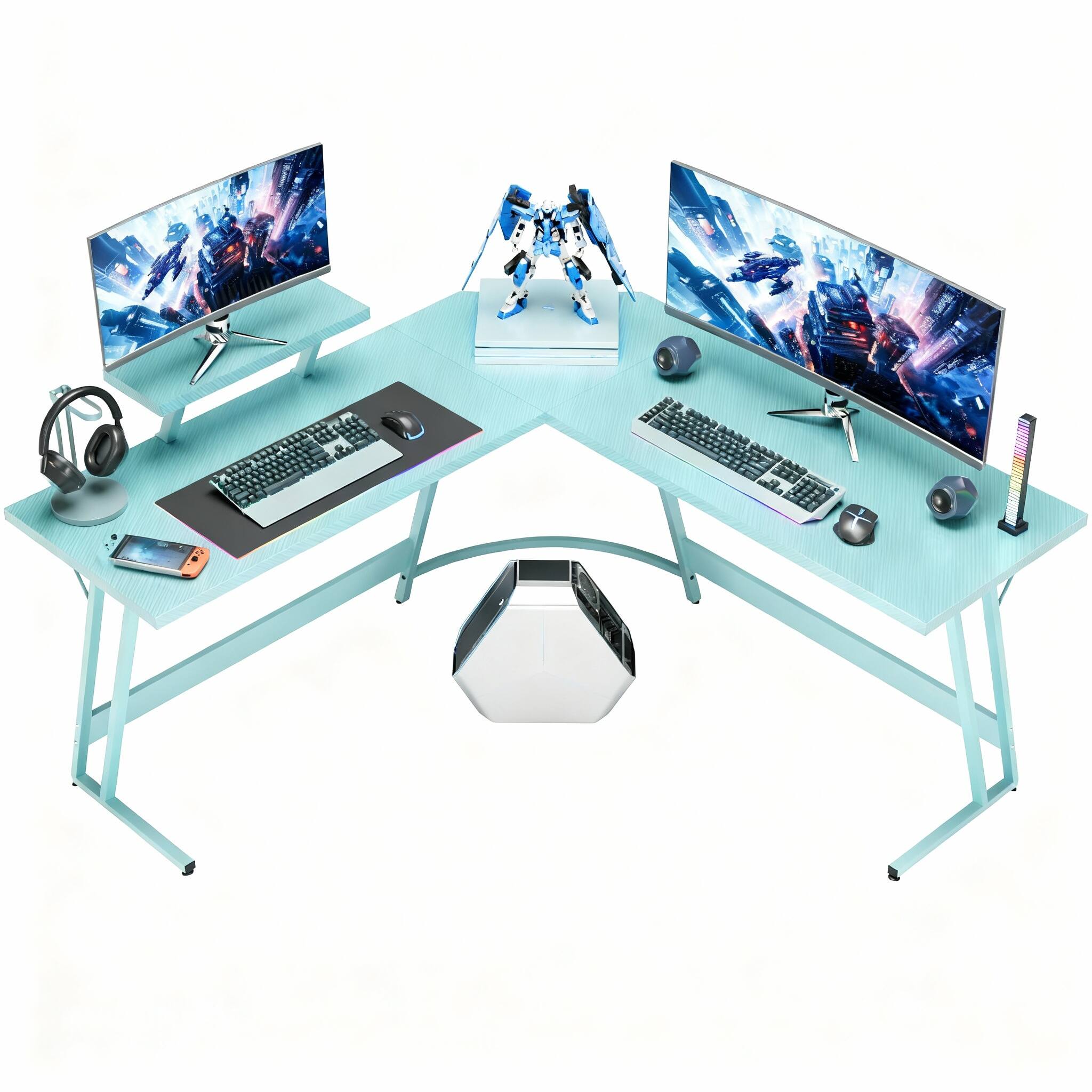 Front. OMOMMD - L-Shaped Gaming Desk 51", Carbon Fiber Corner PC Workstation with Monitor Riser - Blue 51 Inch.