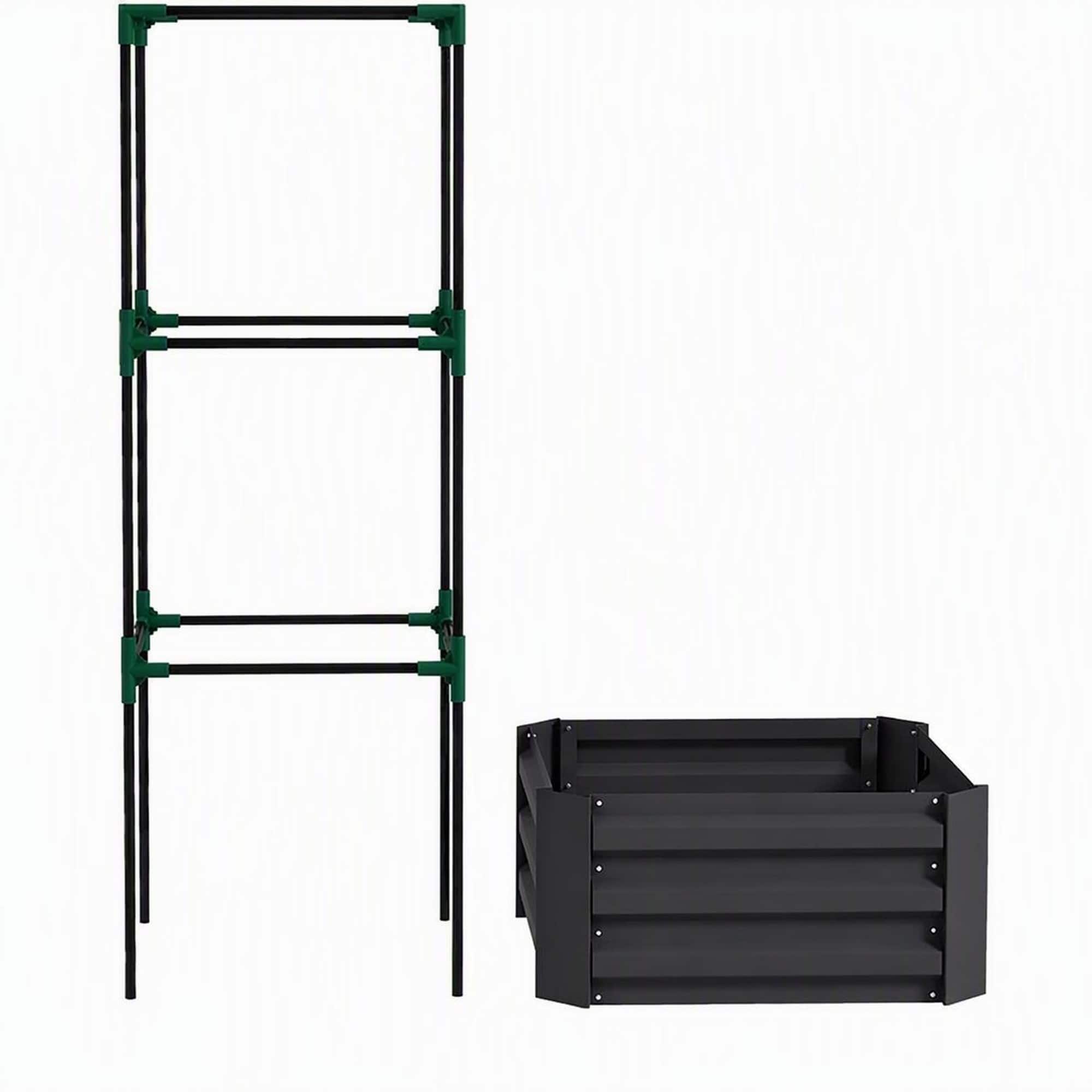 RYHNUYNE - Galvanized Steel Raised Garden Bed with Tomato Trellis Cage, Planter Box for Vegetables and Climbing - Dark Gray