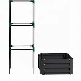 RYHNUYNE - Galvanized Steel Raised Garden Bed with Tomato Trellis Cage, Planter Box for Vegetables and Climbing - Dark Gray