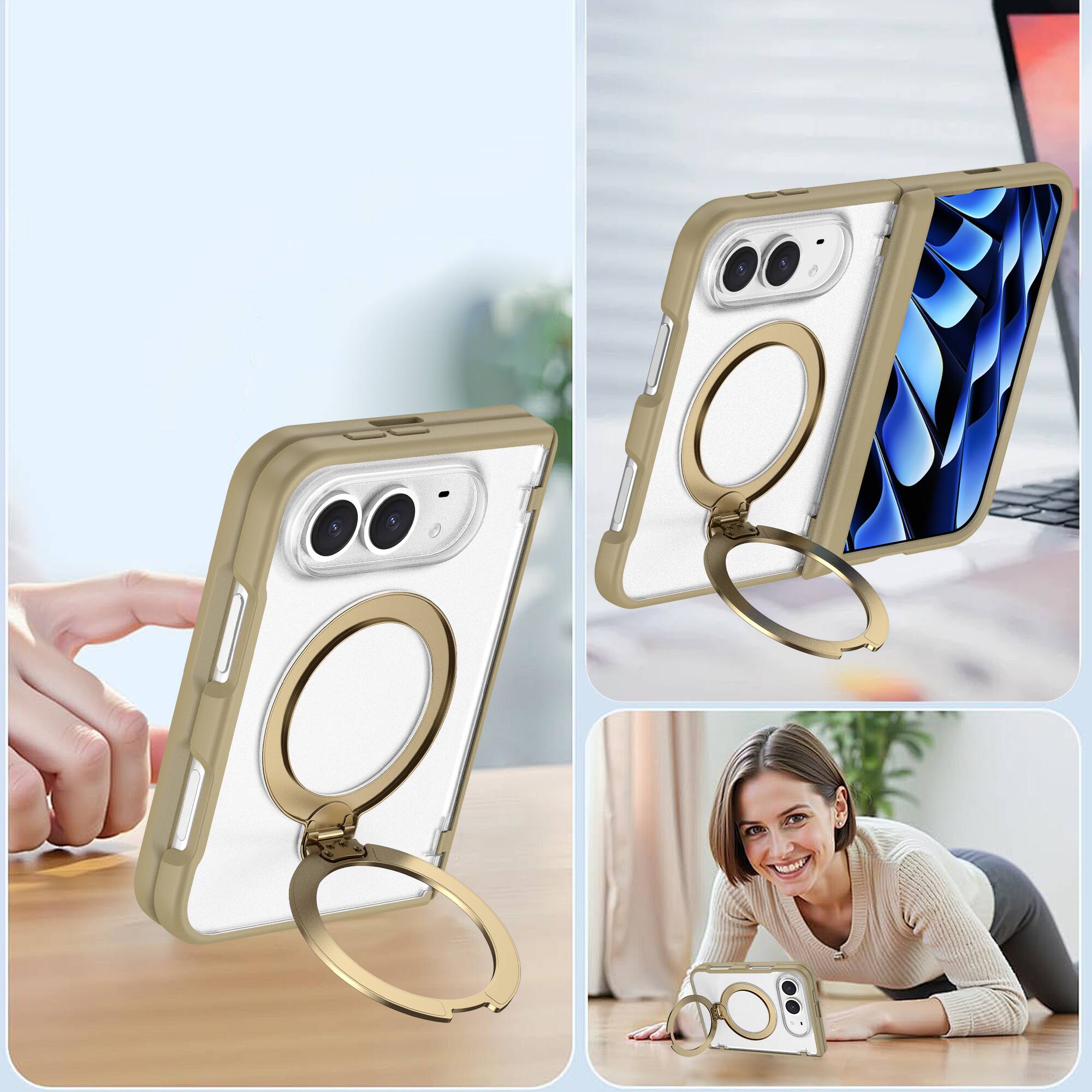 Alt View 1. Dteck - For iPhone Duo Magnetic Case Built-in Screen Protector,Shockproof Ring Stand Clear Back Hinge Protection Cover - Gold.