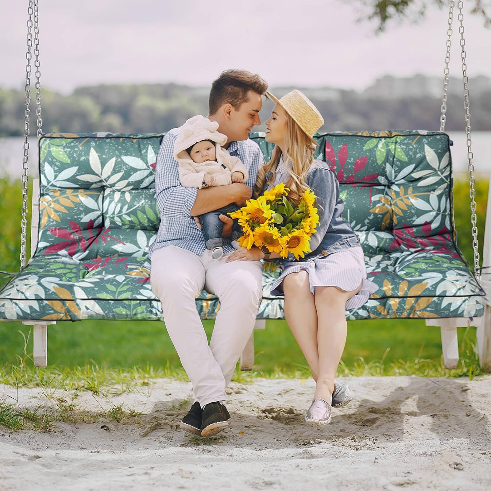 Alt View 1. Chateau Abodes - Outdoor Bench Cushion for 2-3 Seater Swing, Patio Sofa & Furniture - Waterproof Replacement Seat with Backrest - Green Flowers-40x55in.