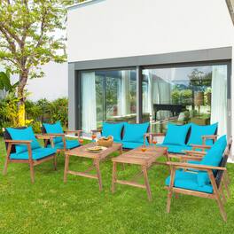 Gymax - 8PCS Patio Conversation Set Wood Frame Furniture Set w/ Cushions - Turquoise