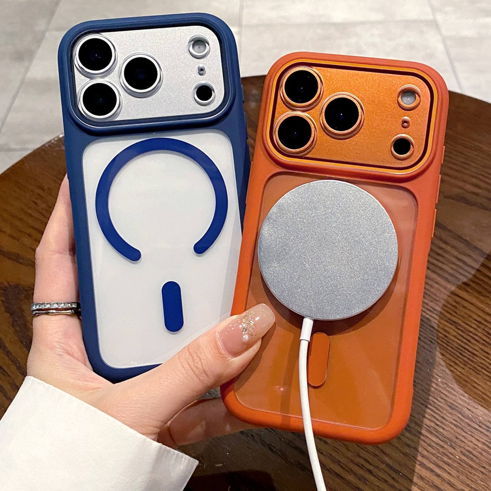 Back. Dteck - for Apple iPhone 17 Pro Max Clear Magnetic Shockproof Case,Non-Slip Hard PC+TPU Bumper Mag Safe Wireless Charging Cover - Orange.
