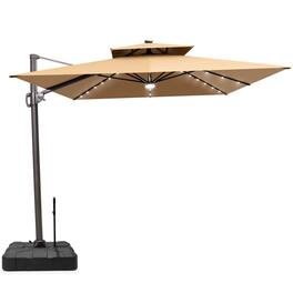 Crestlive Products - 9x11ft Aluminum Double Top Crank Cantilever Patio Umbrella with Lights with Base - Brown