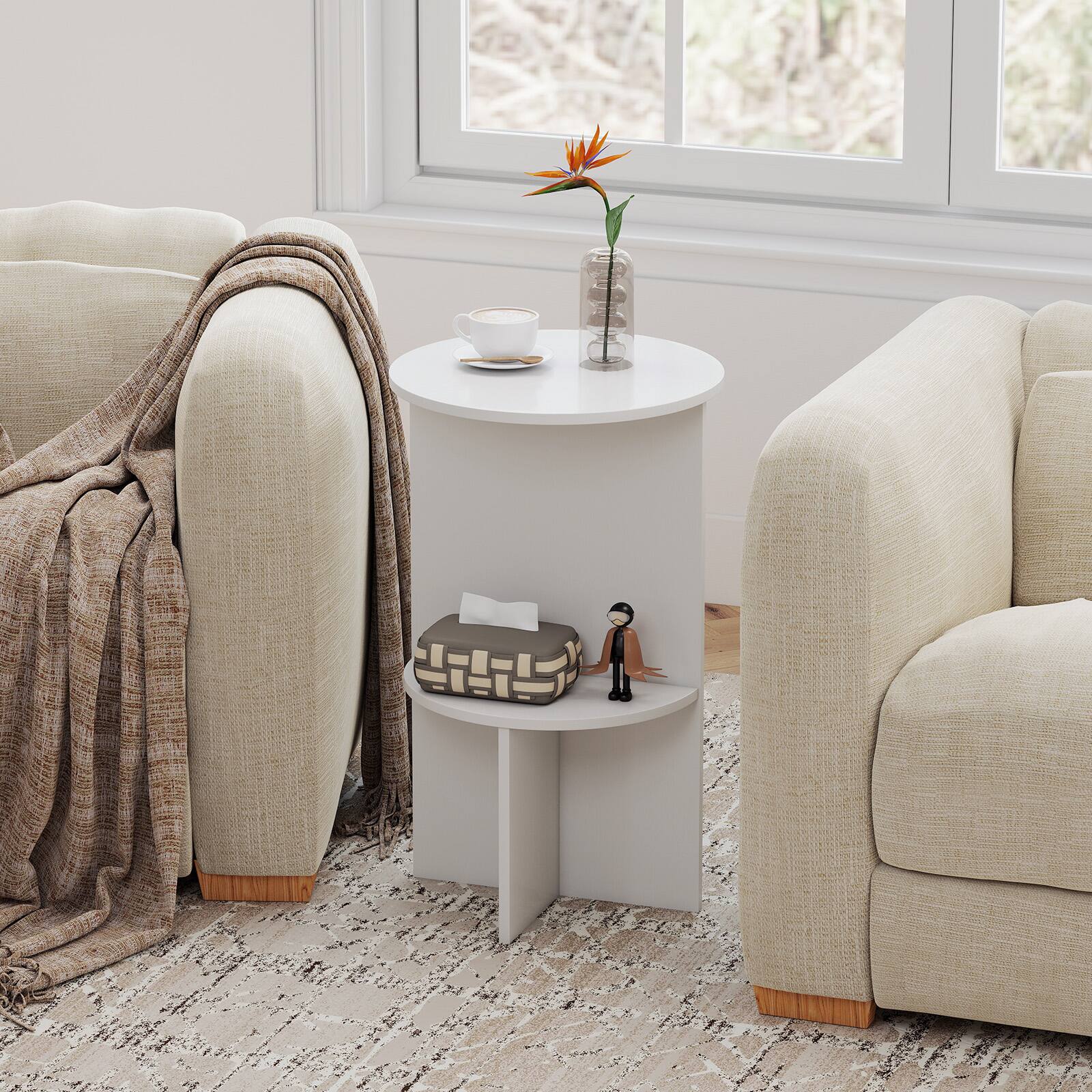 Alt View 4. Costway - Costway 1 PCS Side Table, 2-Tier Round End Table with Storage Shelf, Night Stand for Living Room - White.