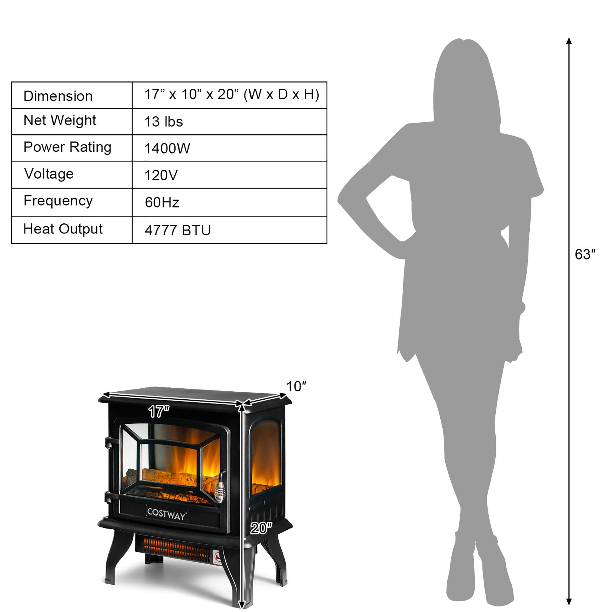 Dimension: 17" x 10" x 20" (W x D x H)  
Net Weight: 13 lbs  
Power Rating: 1400W  
Voltage: 120V  
Frequency: 60Hz  
Heat Output: 4777 BTU  

63"  
10"  
17"  
20"