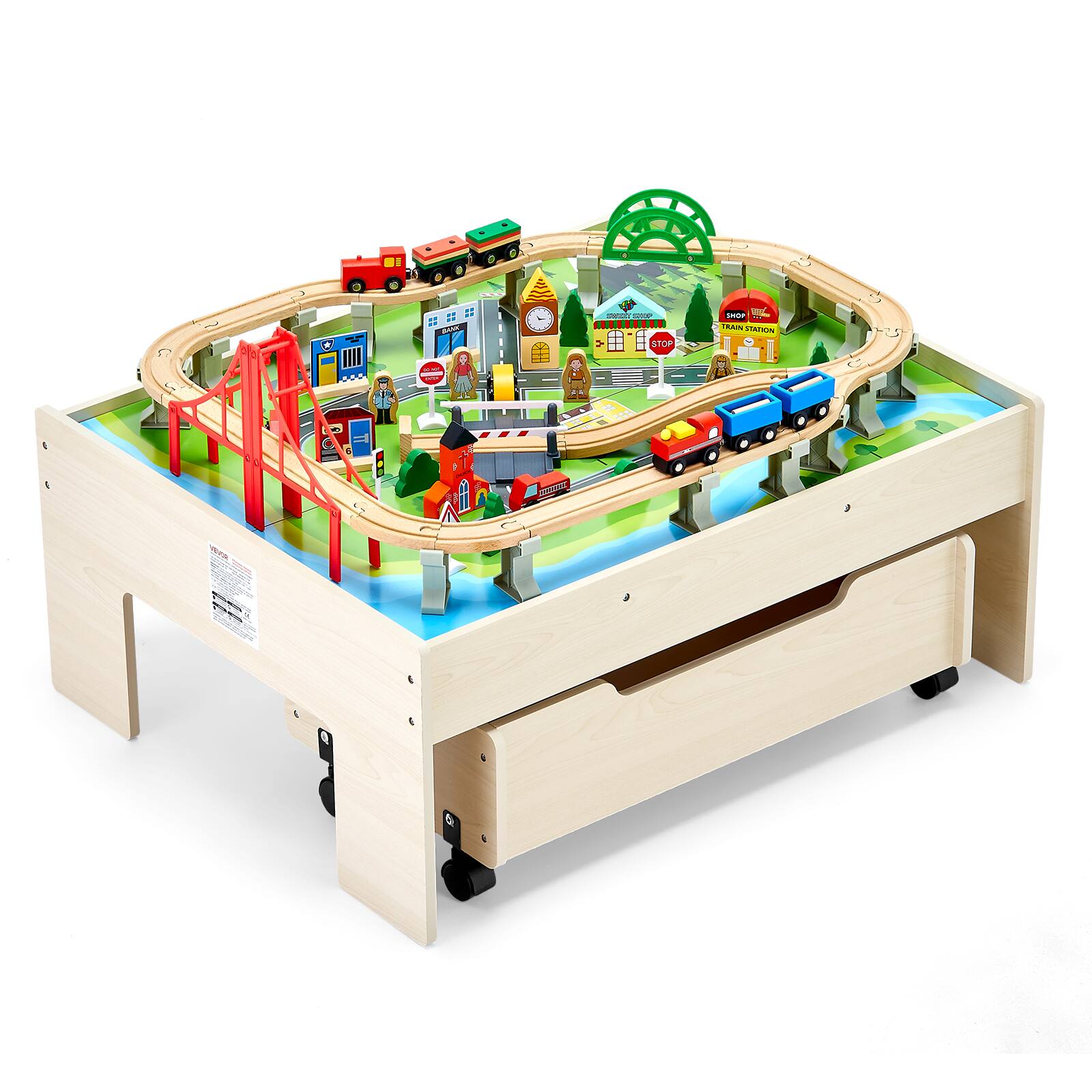 VEVOR - Train Table, 100 Multicolor Pieces Wooden Kids Activity Table with Rolling Storage Drawer, 3-in-1 Wooden Train Set - Wood