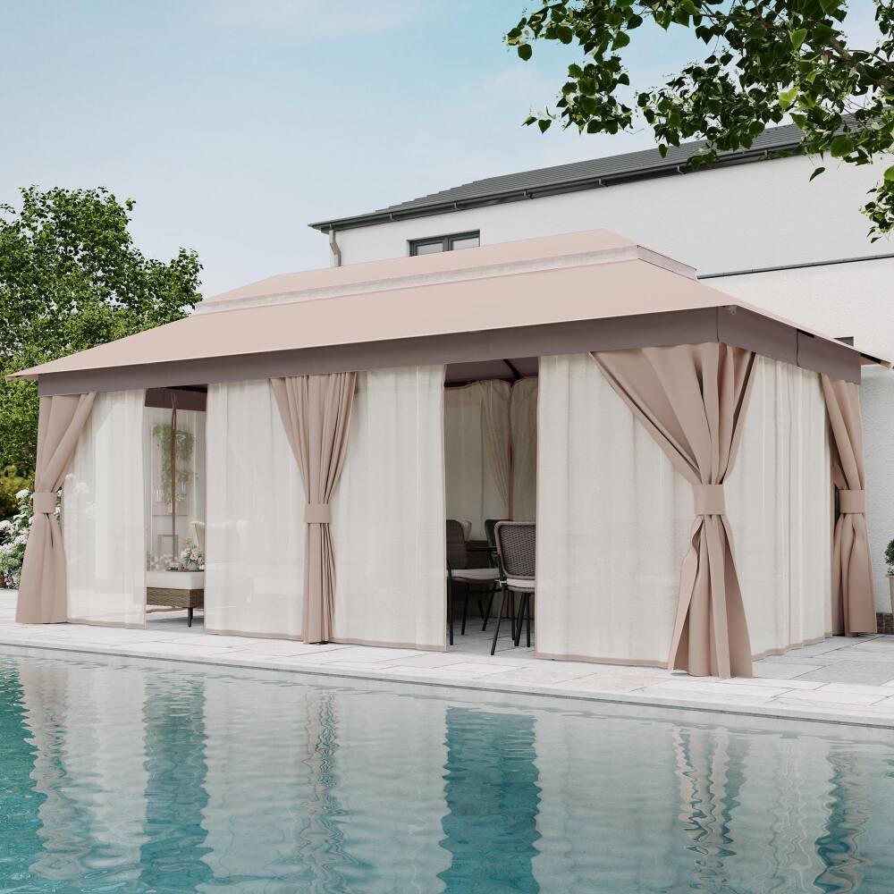 Angle. Yardgrace - 10x20 FT Outdoor Heavy Duty Metal Frame Gazebo Double Roof Mosquito Net Privacy Screen Patio Backyard Garden - Khaki.
