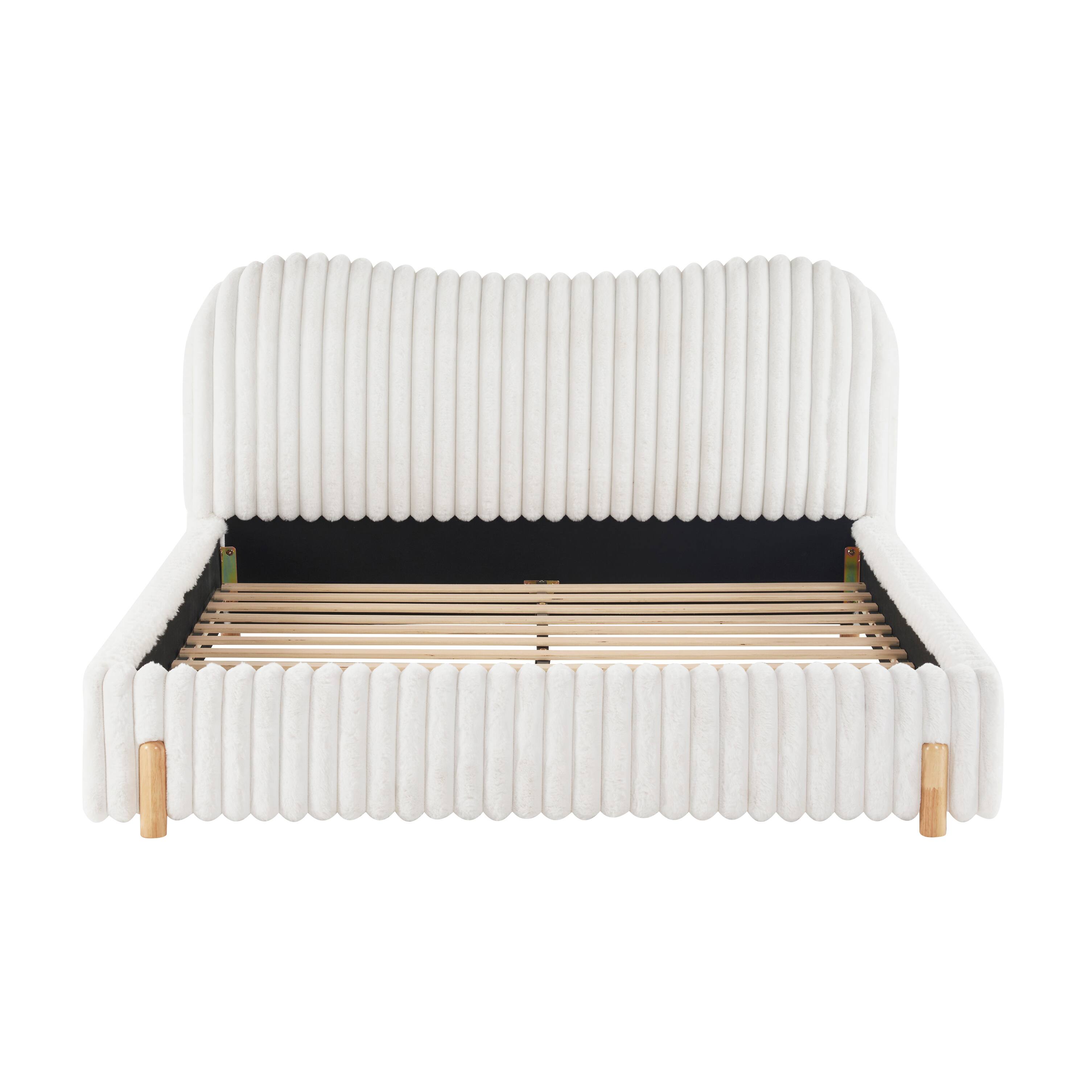 Alt View 2. APRILSOUL - Sleek White Boucle Upholstered Bed with Wavy Headboard and Vertical Stitching Queen - White.