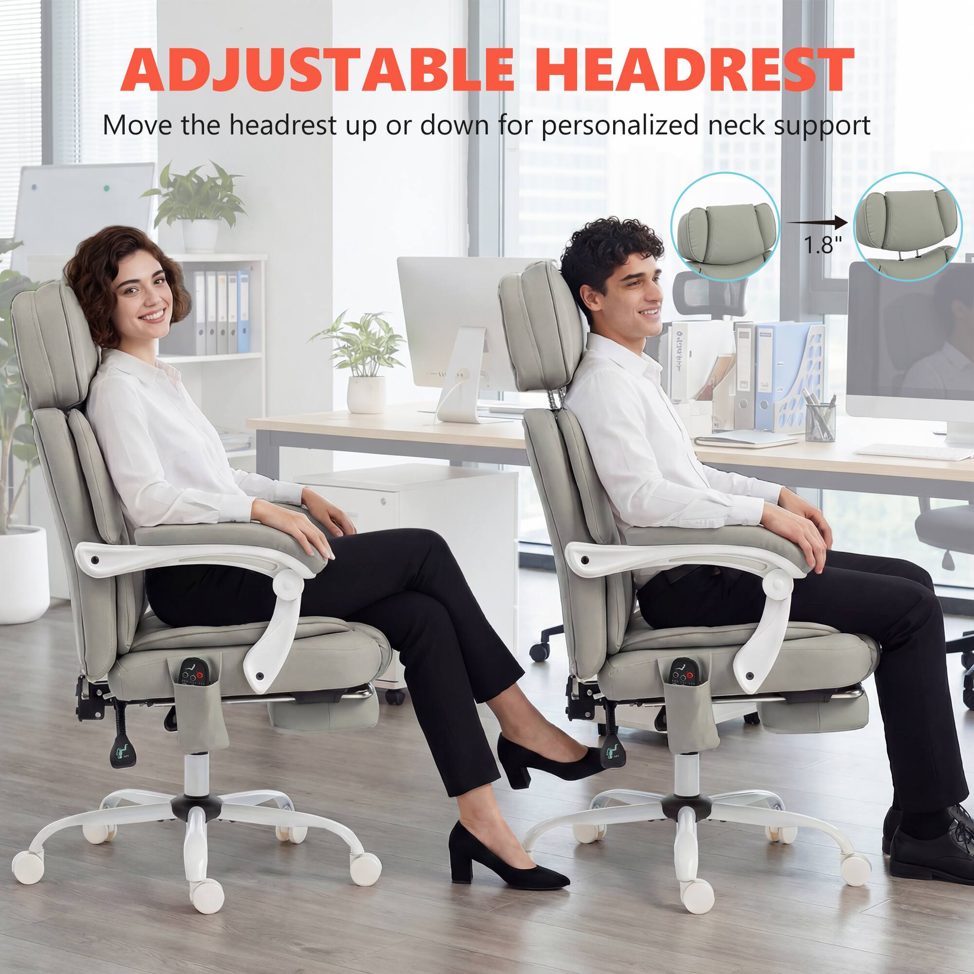ADJUSTABLE HEADREST  
Move the headrest up or down for personalized neck support  
1.8"