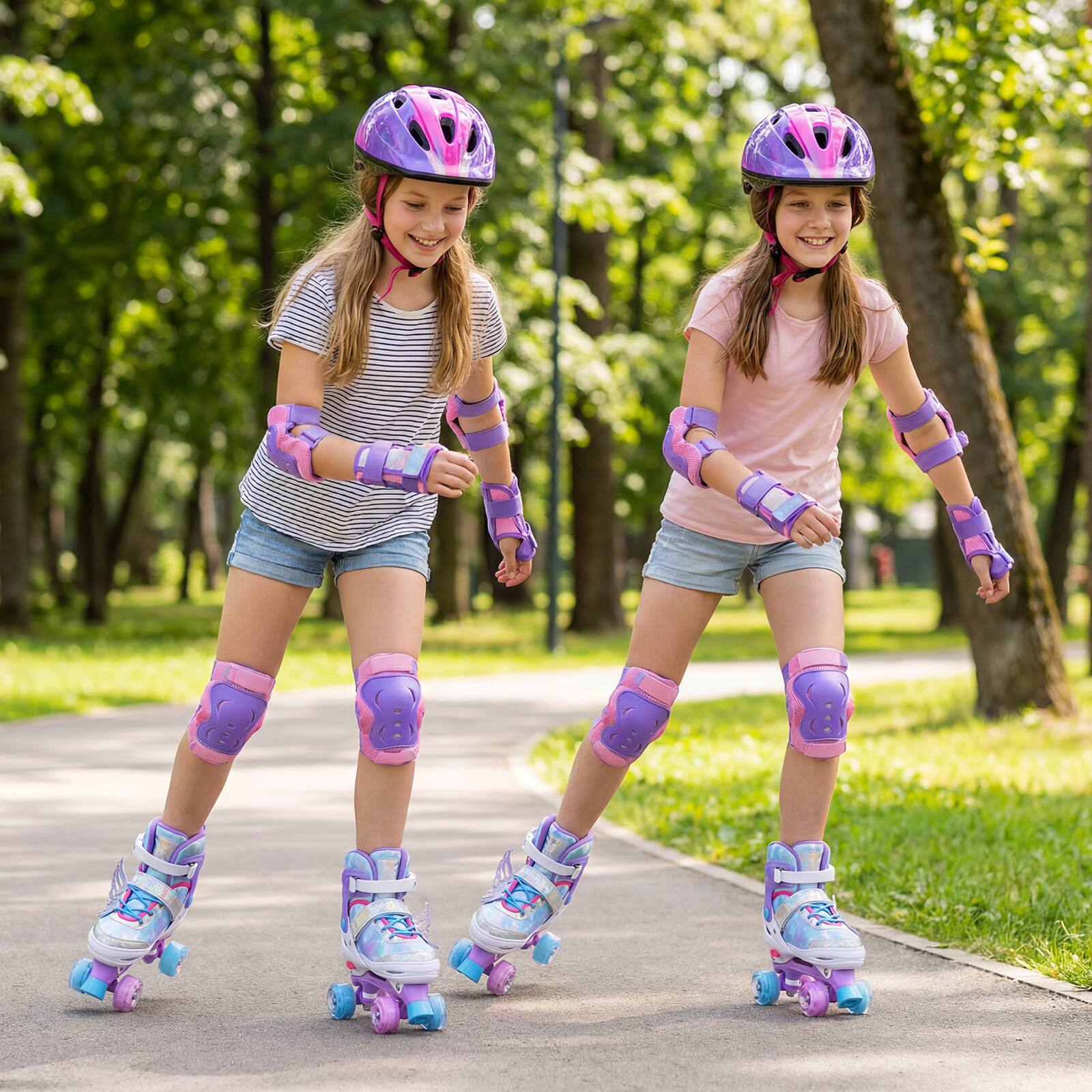 Alt View 3. Costway - Costway Kids Roller Skates 4 Sizes Adjustable Quad Skates with Light Wheels for Ages 9-14 - Blue.