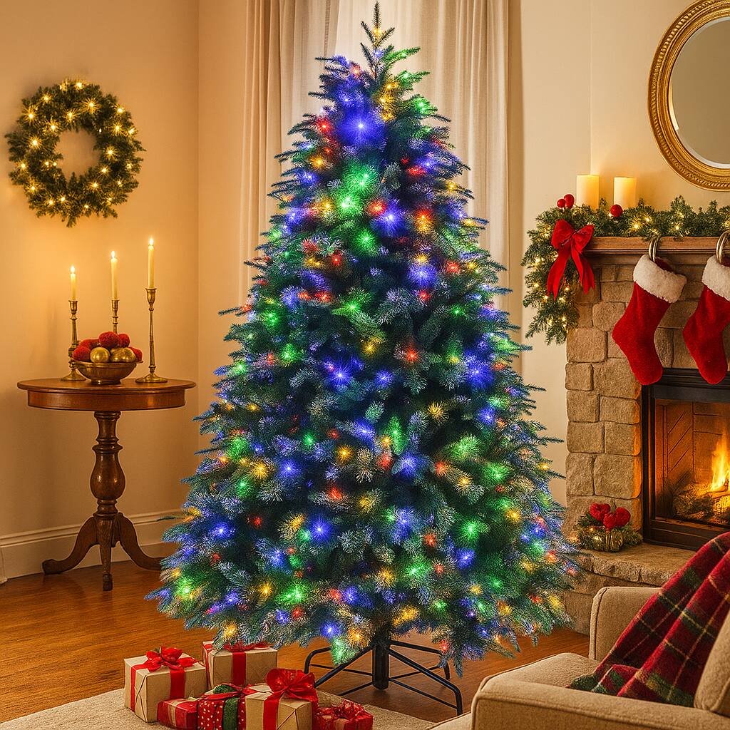 Angle. BreeBe - Snowy Prelit Christmas Tree with Color Changing Lights & Hinged Design - Green.