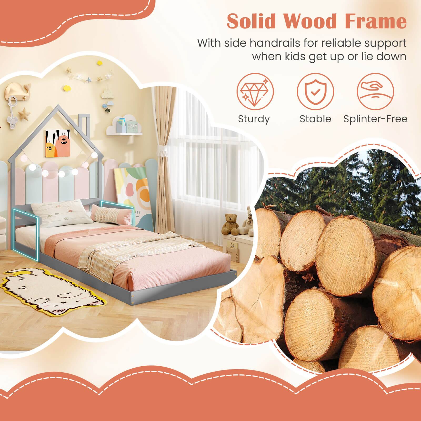 Solid Wood Frame with side handrails for reliable support when kids get up or lie down, sturdy and stable splinter-free.