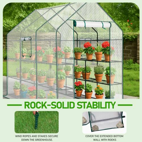 ROCK-SOLID STABILITY

WIND ROPES AND STAKES SECURE DOWN THE GREENHOUSE.

COVER THE EXTENDED BOTTOM WALL WITH ROEKS
