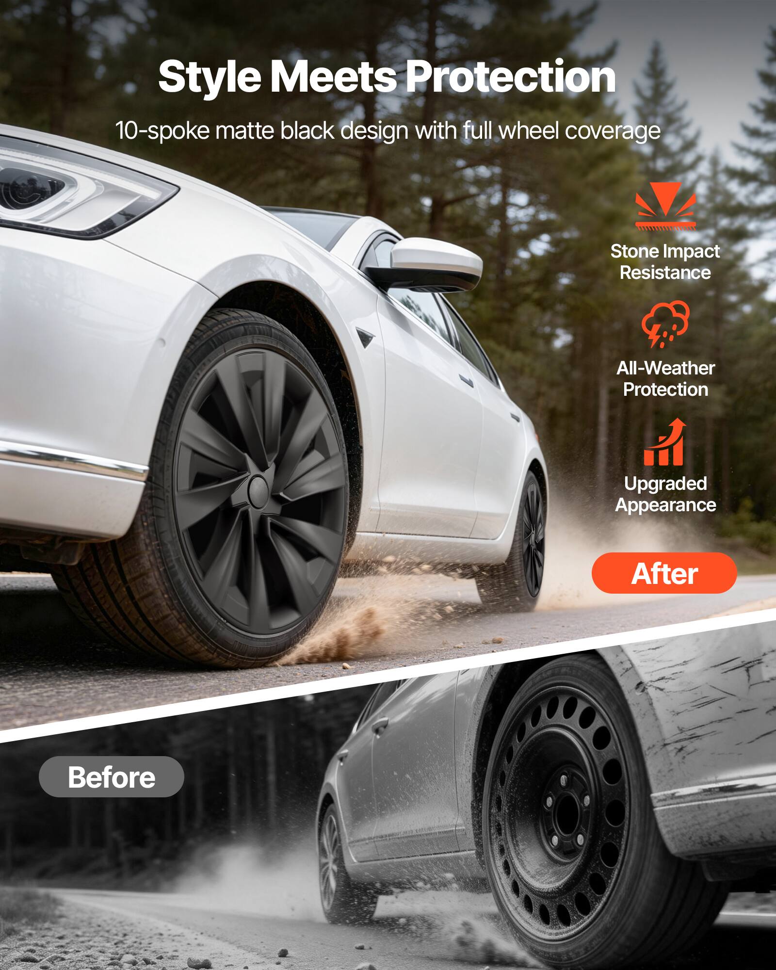 Style Meets Protection  
10-spoke matte black design with full wheel coverage  
Stone Impact Resistance  
All-Weather Protection  
Upgraded Appearance  

After  
Before