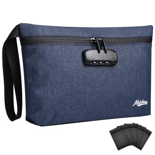 Front. DORLUKFU - Storage Bag with Combination Lock 12.6"x7.5" Large Storage Container Medicine Lock Bag Money Organizer Travel Storage - Blue.