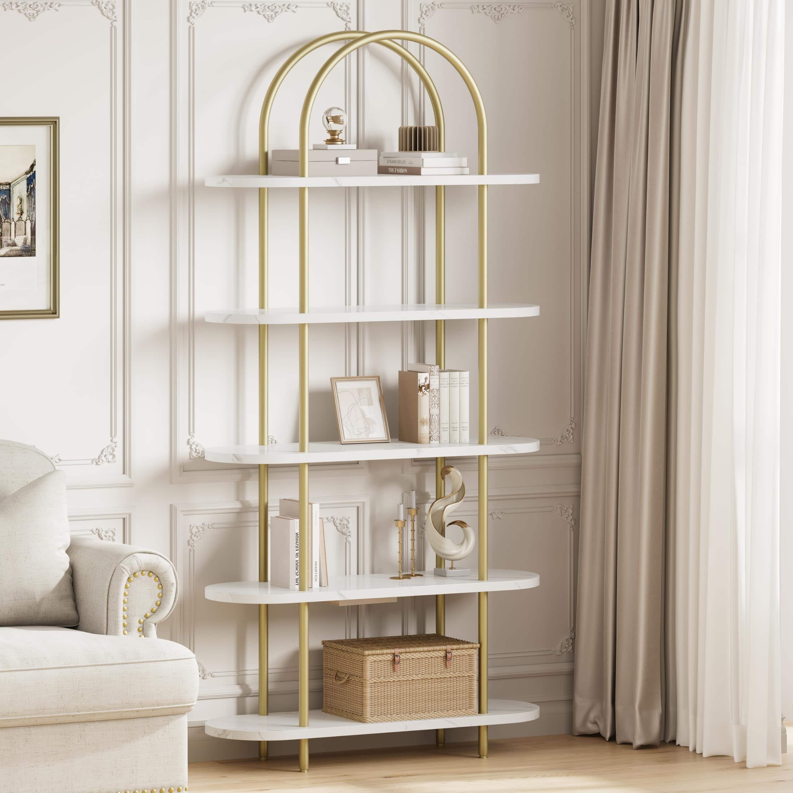 Babevy - 71" Arched Bookshelf, 5-Tier Gold Metal Frame Bookcase, Modern Open Display Rack for Living Room or Office - White Gold