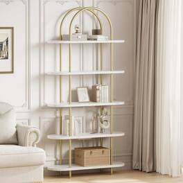 Babevy - 71" Arched Bookshelf, 5-Tier Gold Metal Frame Bookcase, Modern Open Display Rack for Living Room or Office - White Gold