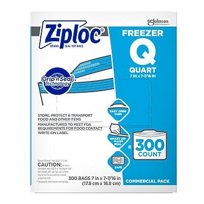 Sc Johnson Ziploc Freezer Brand Seal Top Bags  
Quart (7 in x 7-7/16 in)  
Grip 'n Seal Technology  
Easy Open & Transport Tabs  
Store, Protect & Transport Food and Other Items  
Manufactured to Meet FDA Requirements for Food Contact  
Write-On Label  
Smart Zip Plus+ Seal  
300 Count  
Caution: Safe 300 Bags 7 in x 7-7/16 in (17.8 cm x 18.8 cm)  
Commercial Pack
