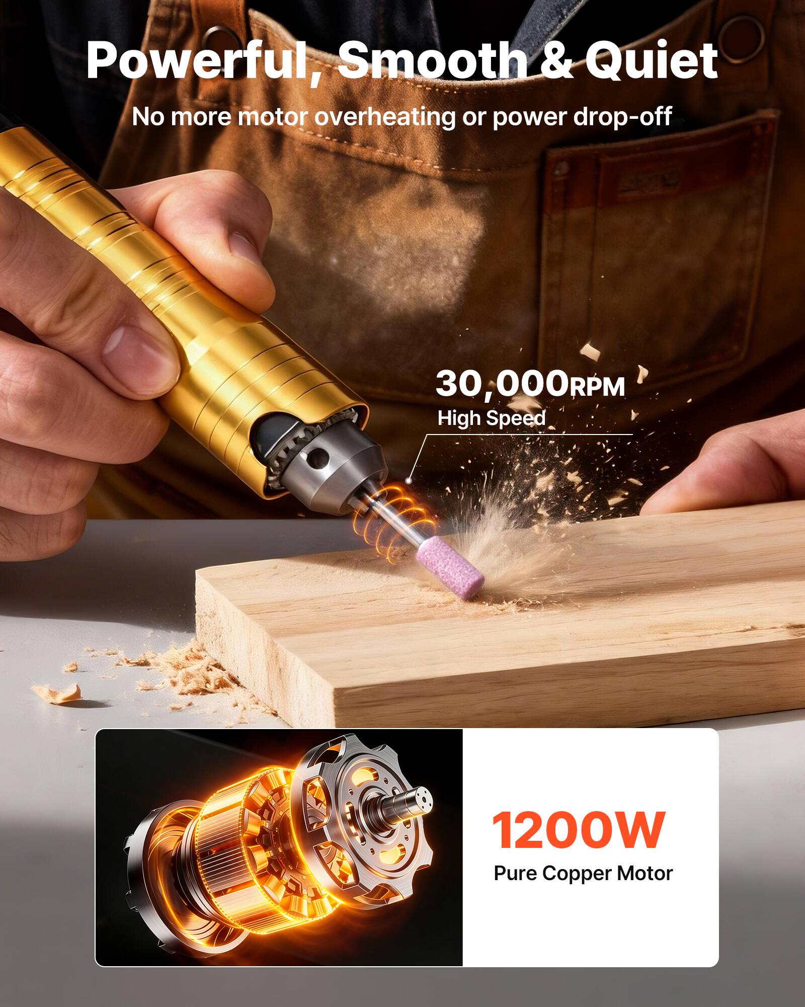 Powerful, Smooth & Quiet  
No more motor overheating or power drop-off  

30,000RPM High Speed  

1200W Pure Copper Motor