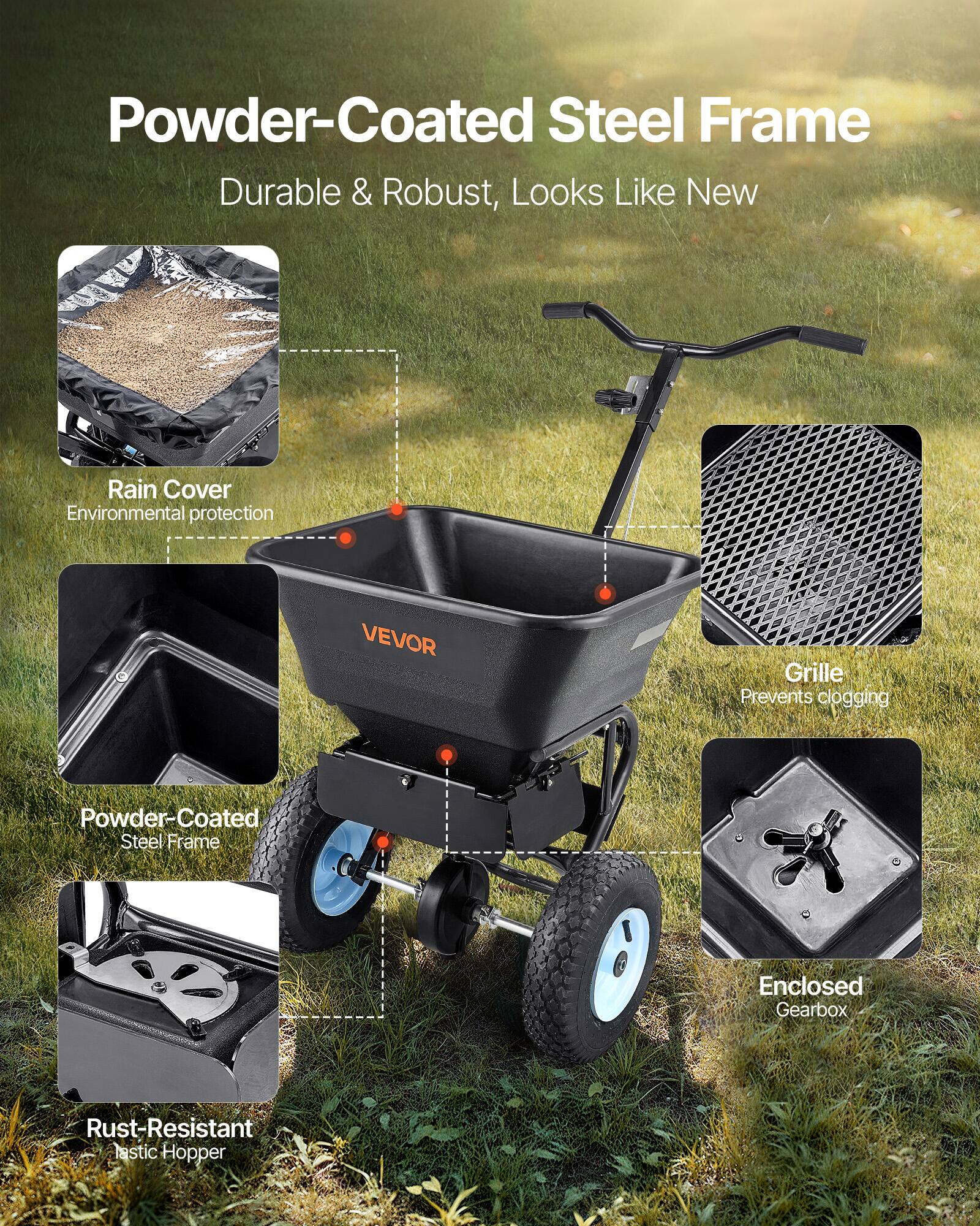 Powder-Coated Steel Frame  
Durable & Robust, Looks Like New  

Rain Cover  
Environmental protection  

Grille  
Prevents clogging  

Powder-Coated Steel Frame  

Enclosed Gearbox  

Rust-Resistant Plastic Hopper