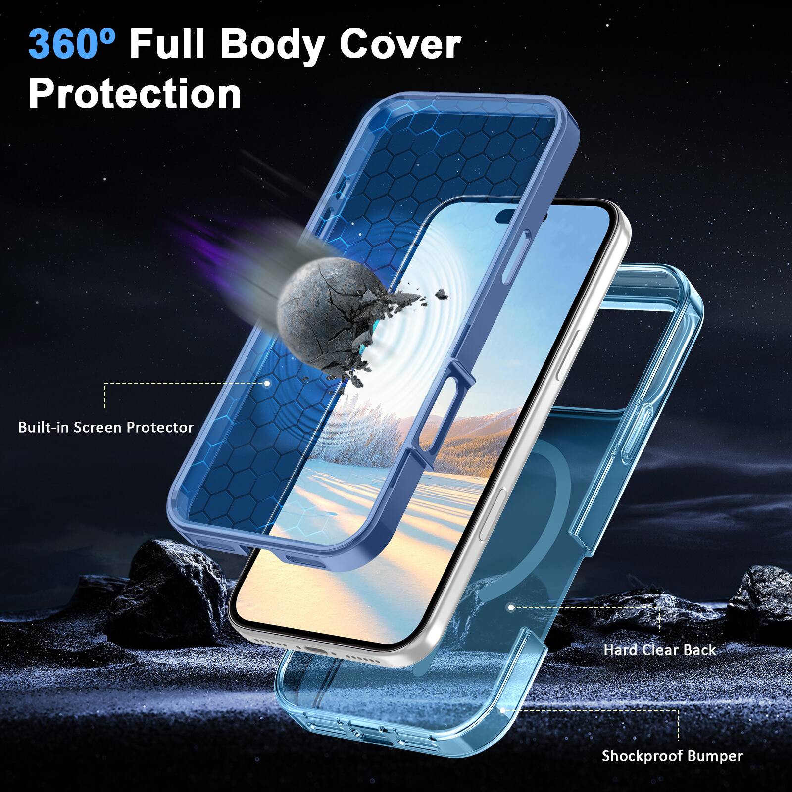 360° Full Body Cover Protection

- Built-in Screen Protector
- Hard Clear Back
- Shockproof Bumper