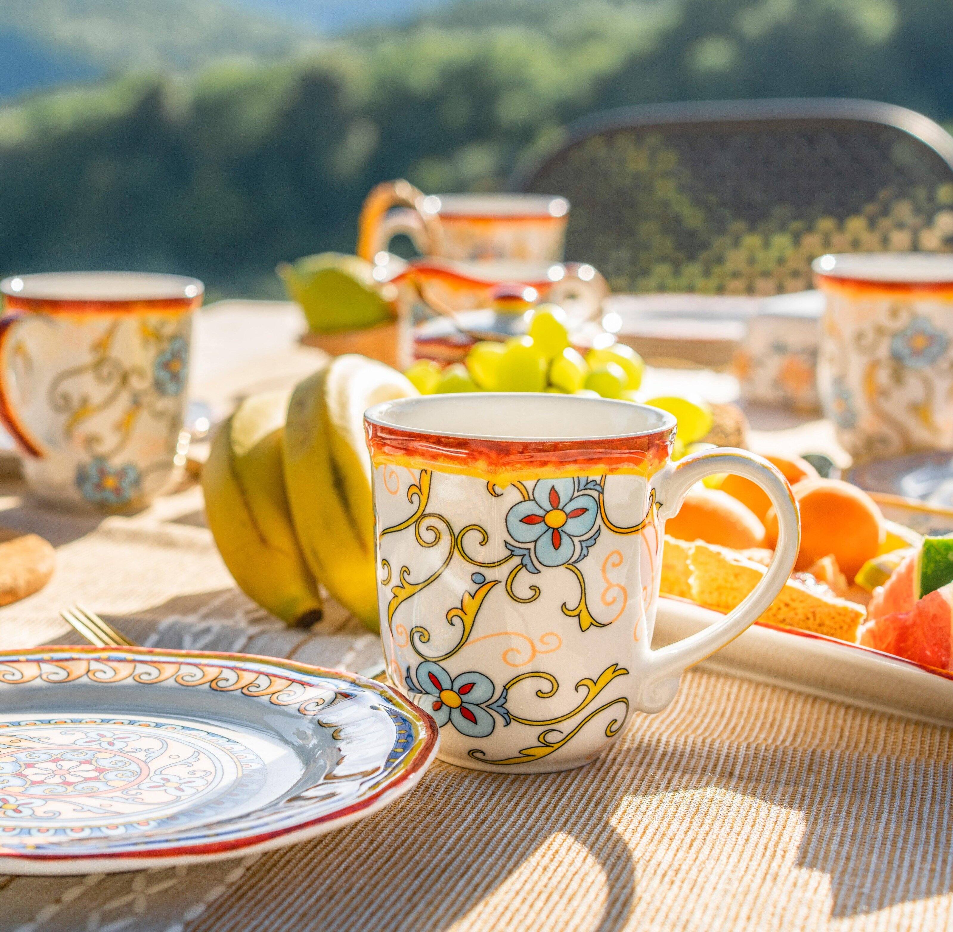 Angle. Euro Ceramica Home - Duomo Stoneware Mug Set, 4-Pack, 16 oz - gold.
