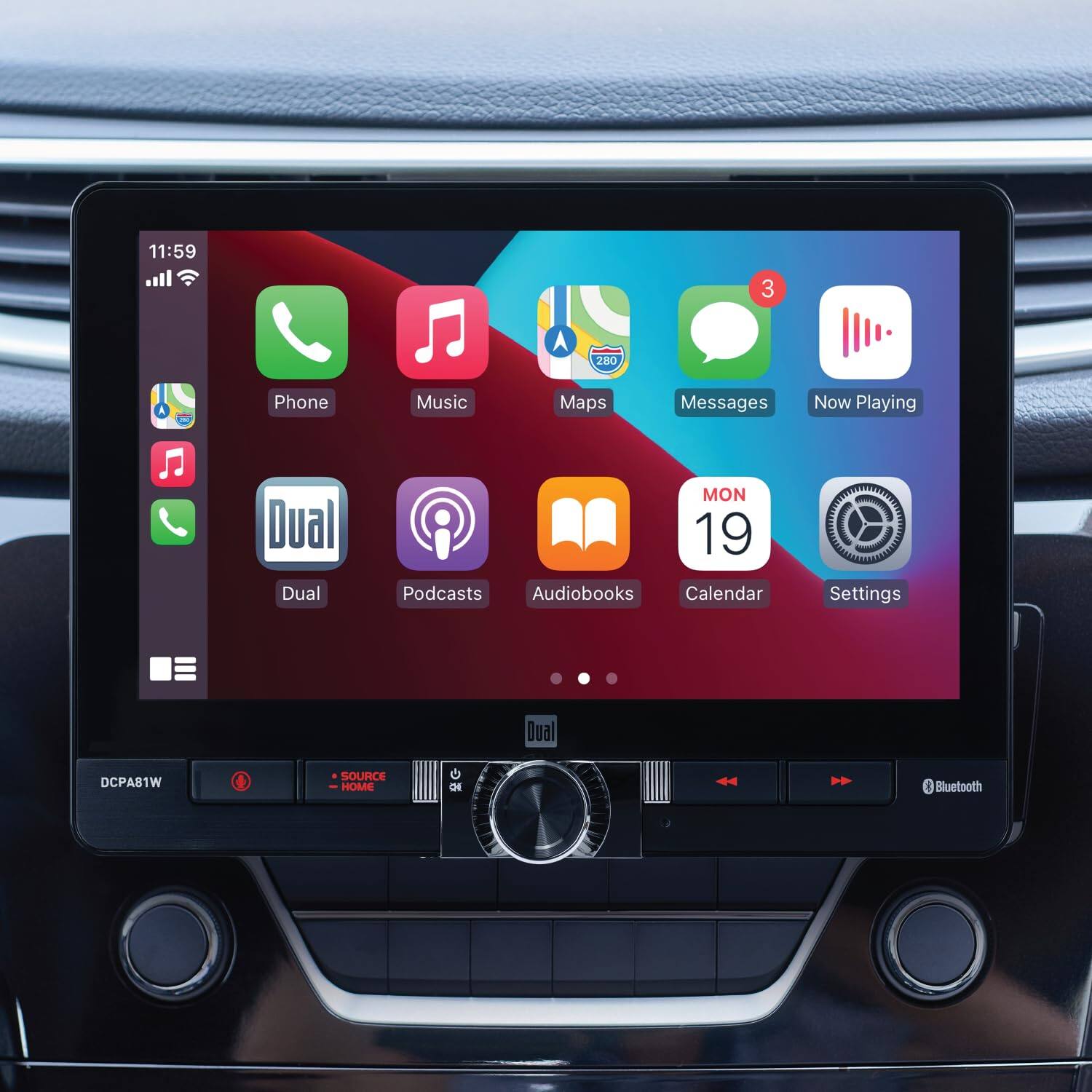 11:59, 3, A, Phone, Music, Maps, Messages, Now Playing, Dual, Dual, MON 19, Podcasts, Audiobooks, Calendar, Settings, DCPA81W, SOURCE HOME, O DE, Bluetooth