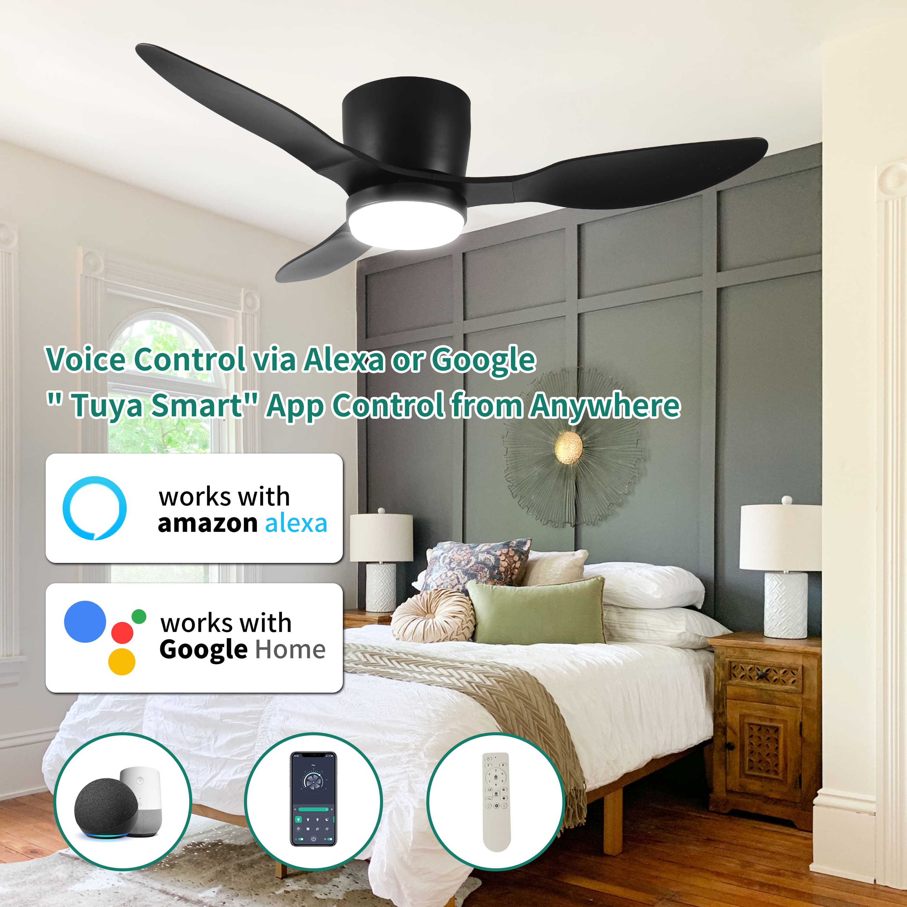 Sofucor - 42" Smart Ceiling Fans with Integrated LED Lights and Remote WIFI Alexa Voice App Dimmable Modern Bedroom Ceiling Fans - Black