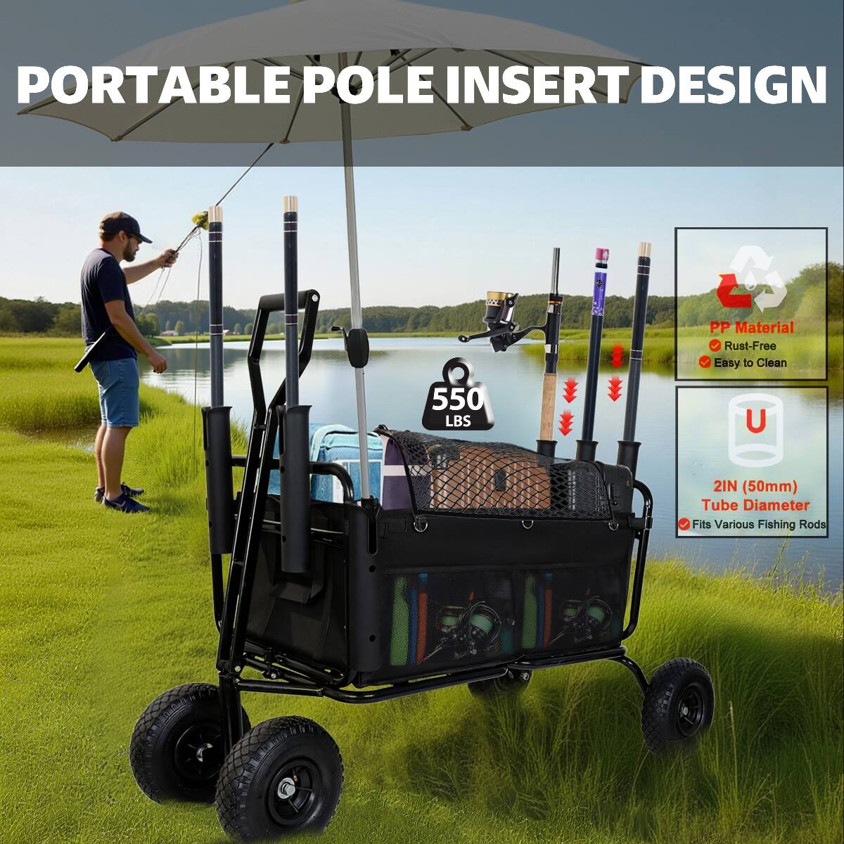 PORTABLE POLE INSERT DESIGN

PP Material
Rust-Free
Easy to Clean

550 LBS

2IN (50mm) Tube Diameter
Fits Various Fishing Rods