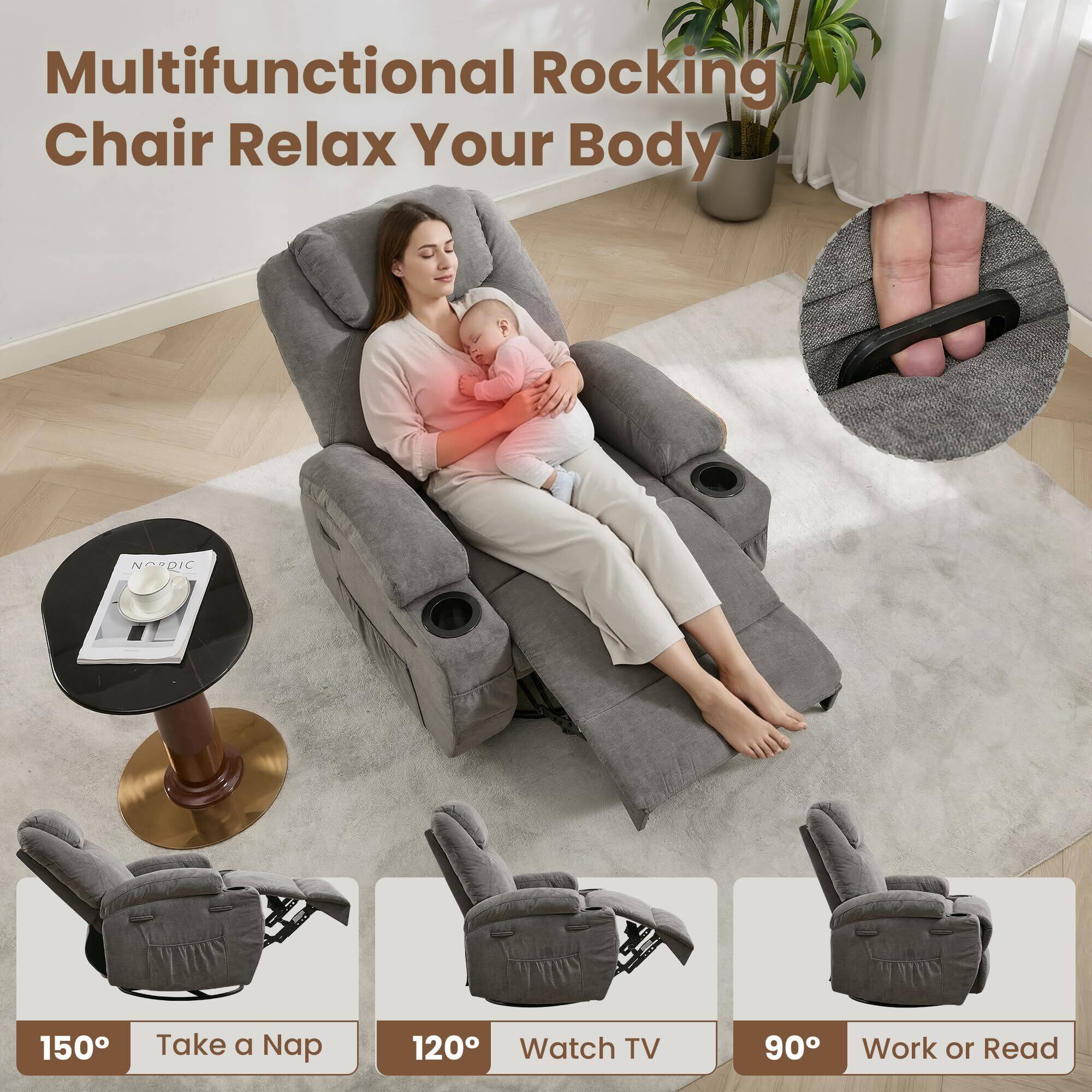 Multifunctional Rocking Chair Relax Your Body

150° Take a Nap  
120° Watch TV  
90° Work or Read