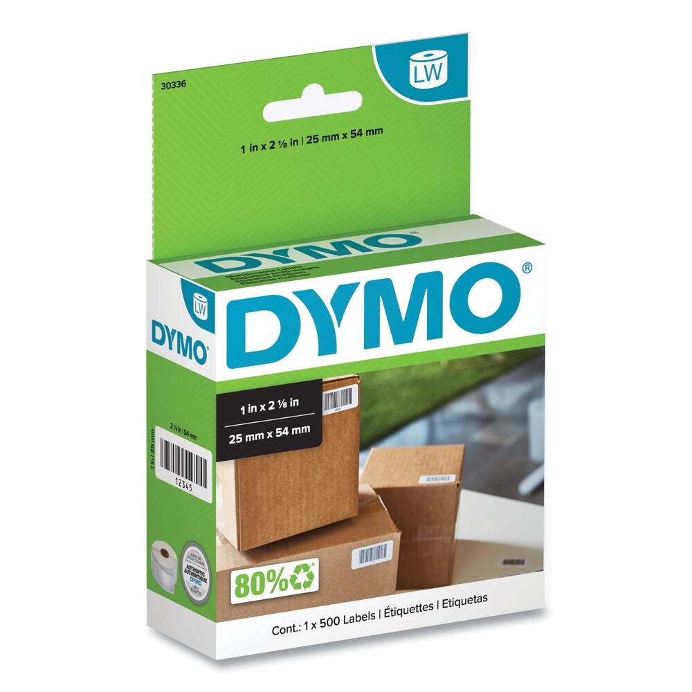30336 LW  
1 in x 2 1/2 in | 25 mm x 54 mm  
DYMO  
1 in x 2 1/2 in  
25 mm x 54 mm  
80% recycled  
Cont.: 1 x 500 Labels | Etiquettes | Etiquetas