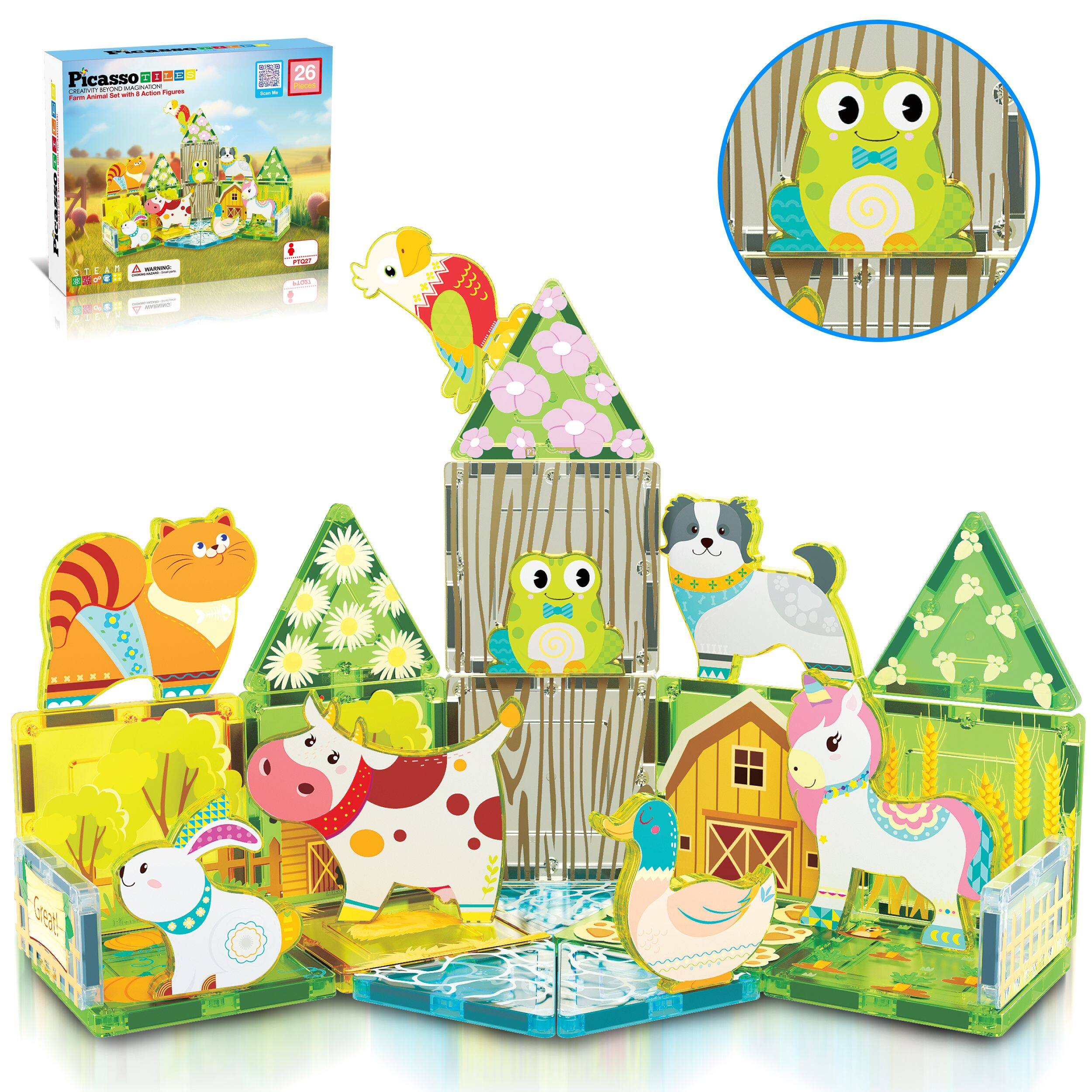PicassoTiles - PICASSO-TILES Magnetic Tiles for Kids, 26PCS Farm Animals Theme, Construction STEM Building Blocks Educational Toy - Multicolor