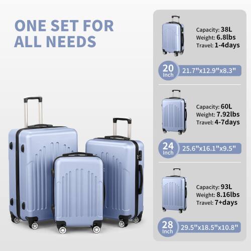 ONE SET FOR ALL NEEDS

- Capacity: 38L
  - Weight: 6.8lbs
  - Travel: 1-4 days
  - Size: 21.7"x12.9"x8.3" (20 Inch)

- Capacity: 60L
  - Weight: 7.92lbs
  - Travel: 4-7 days
  - Size: 25.6"x16.1"x9.5" (24 Inch)

- Capacity: 93L
  - Weight: 8.16lbs
  - Travel: 7+ days
  - Size: 29.5"x18.5"x10.8" (28 Inch)