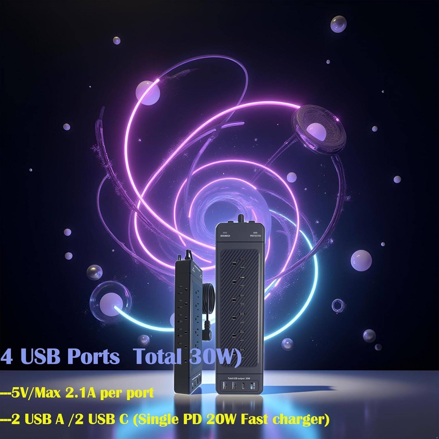 4 USB Ports  
Total 30W  
- 5V/Max 2.1A per port  
- 2 USB A / 2 USB C (Single PD 20W Fast charger)