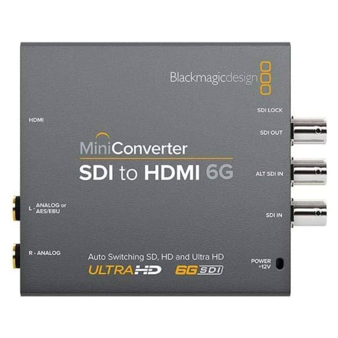 Blackmagic Design MiniConverter SDI to HDMI 6G

- HDMI
- SDI LOCK
- SDI OUT
- ALT SDI IN
- SDI IN
- ANALOG or AES/EBU (L)
- ANALOG (R)
- POWER +12V

Auto Switching SD, HD and Ultra HD

ULTRA HD 6G SDI