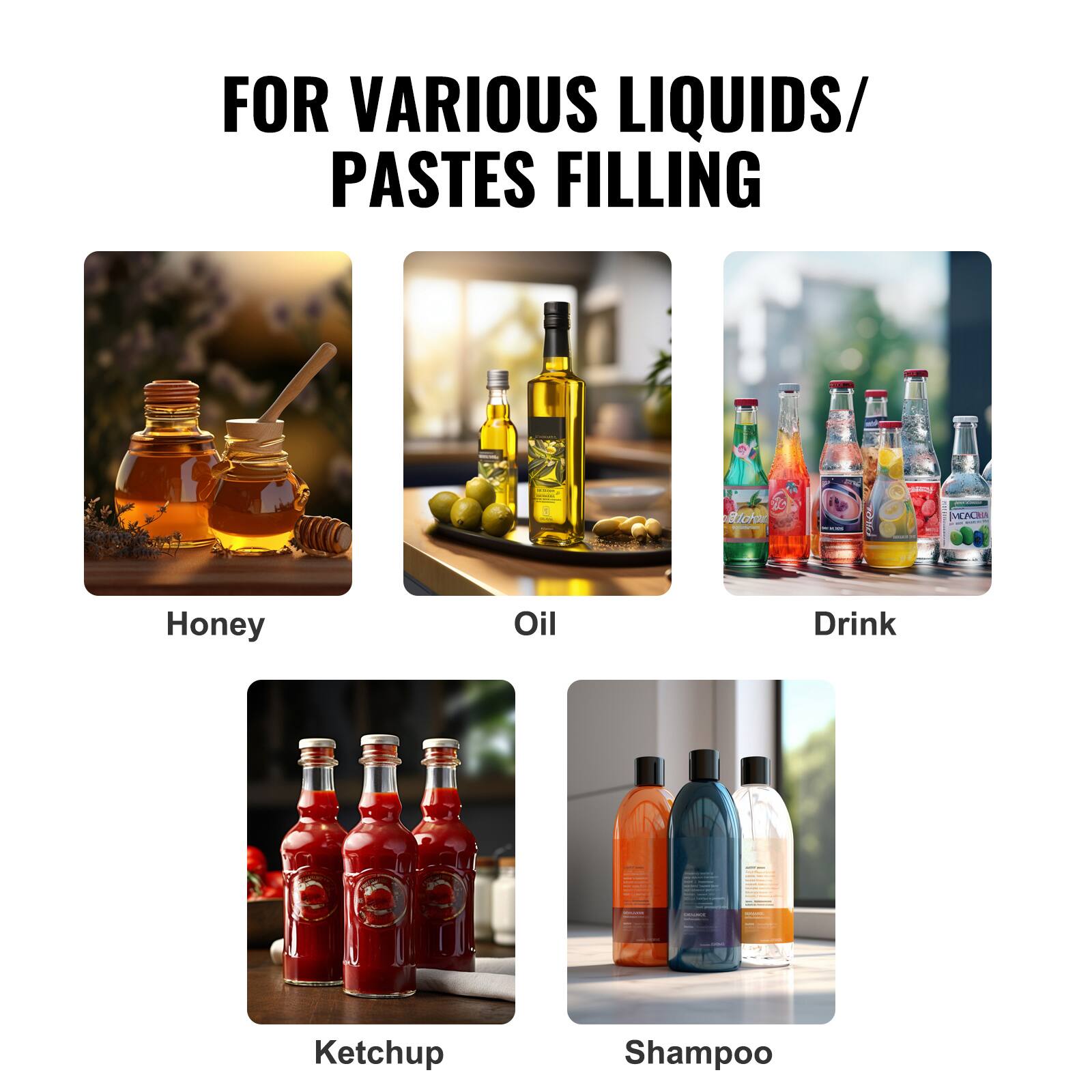 FOR VARIOUS LIQUIDS/ PASTES FILLING

- Honey
- Oil
- Drink
- Ketchup
- Shampoo