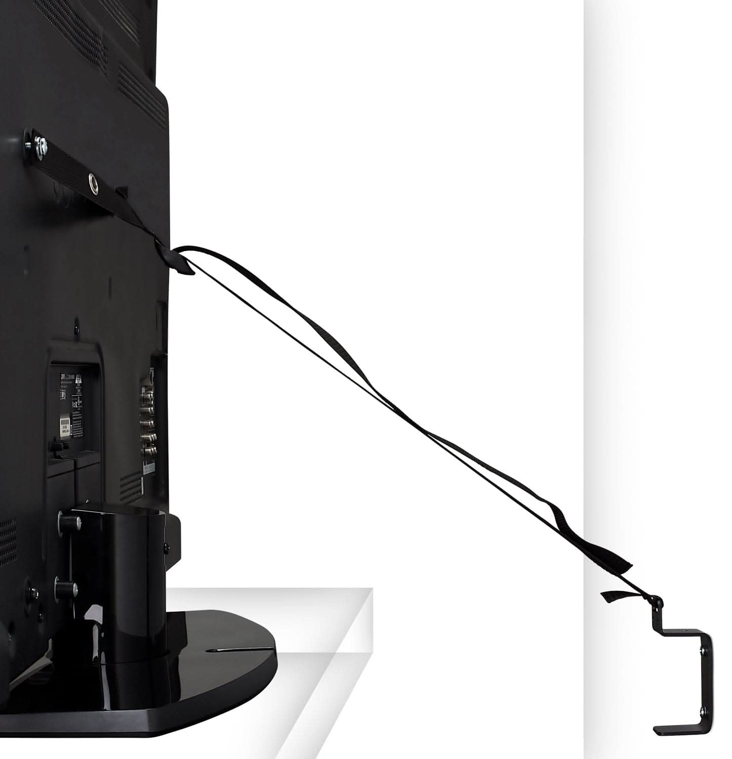 Angle. Mount-It! - Anti‑Tip Prevention TV Safety Straps with Adjustable Length, Heavy‑Duty Metal Clamp & Included Hardware - Black.