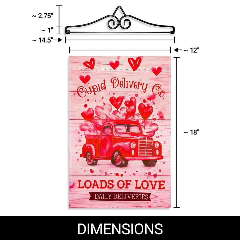 - ~ 2.75" ~ 1" ~ 14.5" ~ 12" ~ 18"
- Cupid Delivery Co
- LOADS OF LOVE
- DAILY DELIVERIES
- DIMENSIONS