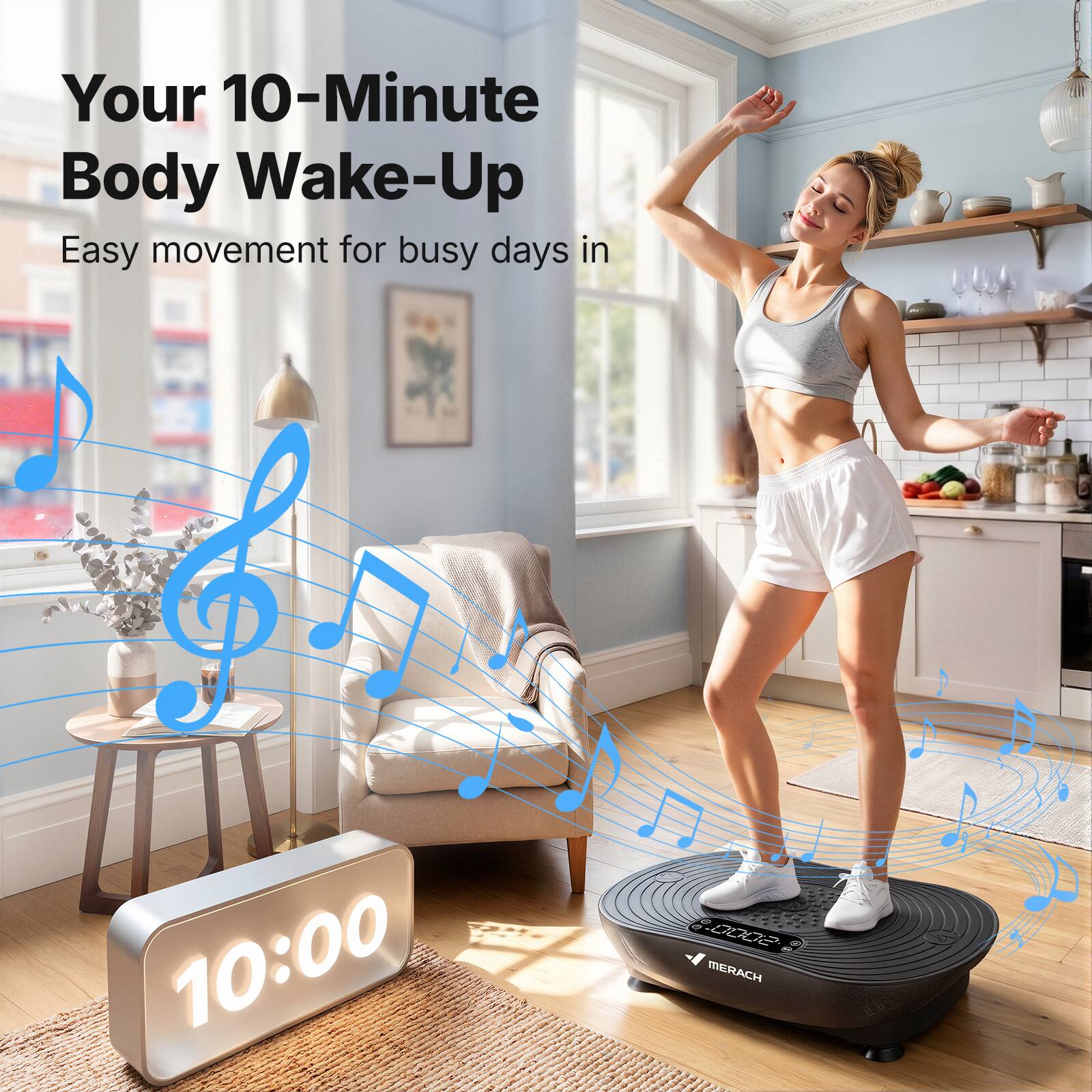Your 10-Minute Body Wake-Up  
Easy movement for busy days in 10:00  
MERACH