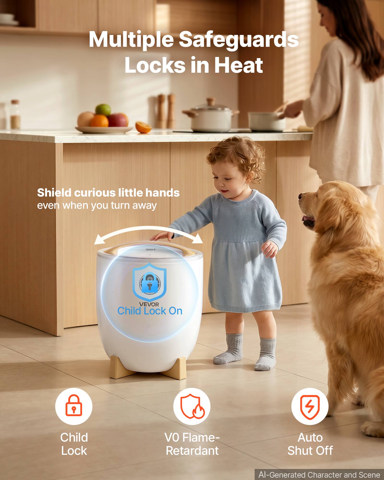 Multiple Safeguards Locks in Heat

Shield curious little hands even when you turn away

VEVOR Child Lock On

Child Lock
VO Flame-Retardant
Auto Shut Off

AI-Generated Character and Scene