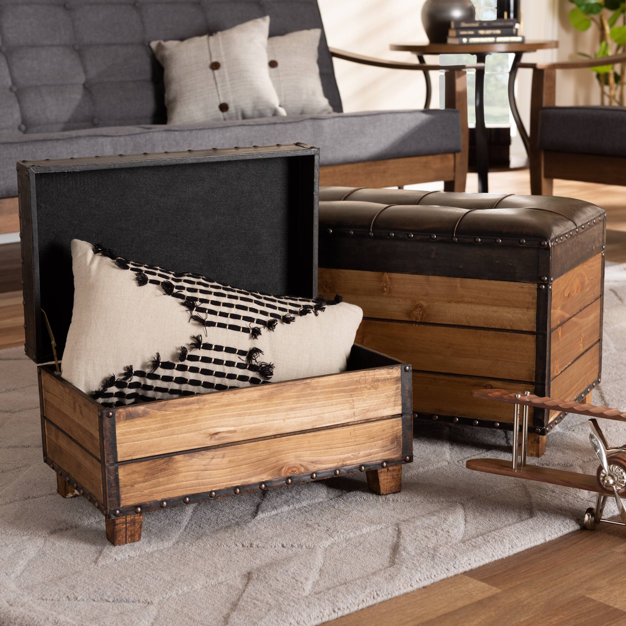 Alt View 6. Baxton Studio - Marelli Rustic Faux Leather Upholstered 2-Piece Wood Storage Trunk Ottoman Set - Dark Brown/Golden Oak.