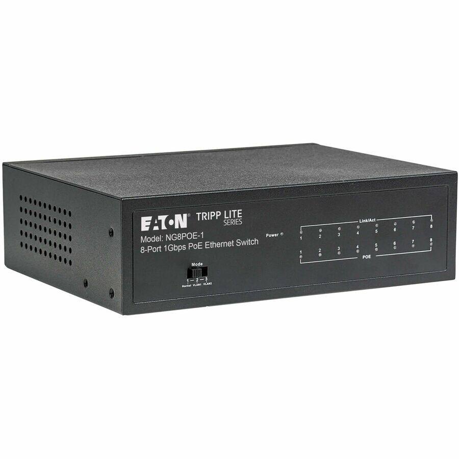 EATON TRIPP LITE SERIES  
Model: NG8POE-1  
8-Port 1Gbps PoE Ethernet Switch  

Power  
1 2 3 4 5 6 7 8  

Link/Act  
1 2 3 4 5 6 7 8  

POE  
1 2 3 4 5 6 7 8  

Mode  
1 2 3  

WLAN1  
1 2  

WLAN2  
1 2