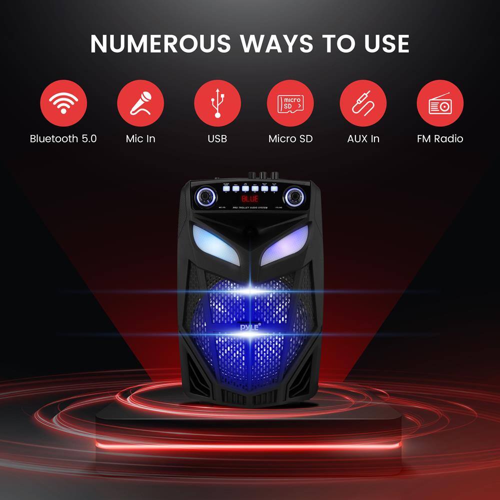 NUMEROUS WAYS TO USE

- Bluetooth 5.0
- Mic In
- USB
- Micro SD
- AUX In
- FM Radio

BLUE - PYLE