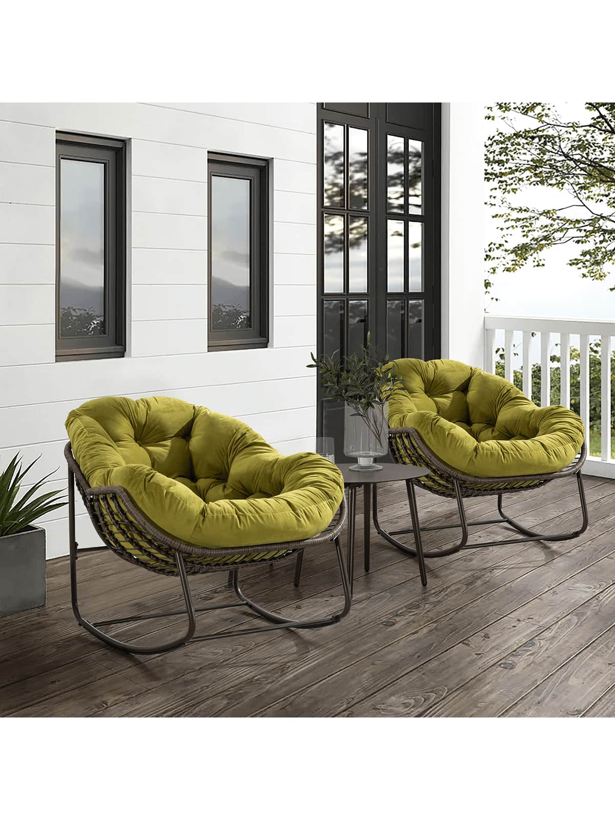 Trinkets Crazed - Outdoor Patio Rocking Chair Set Of 2,Comfy Wicker Rocker Chair With Padded Cushion,Oversized Rattan Papasan Egg Chair - Olive Green