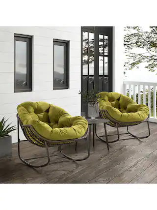 Front. Trinkets Crazed - Outdoor Patio Rocking Chair Set Of 2,Comfy Wicker Rocker Chair With Padded Cushion,Oversized Rattan Papasan Egg Chair - Olive Green.