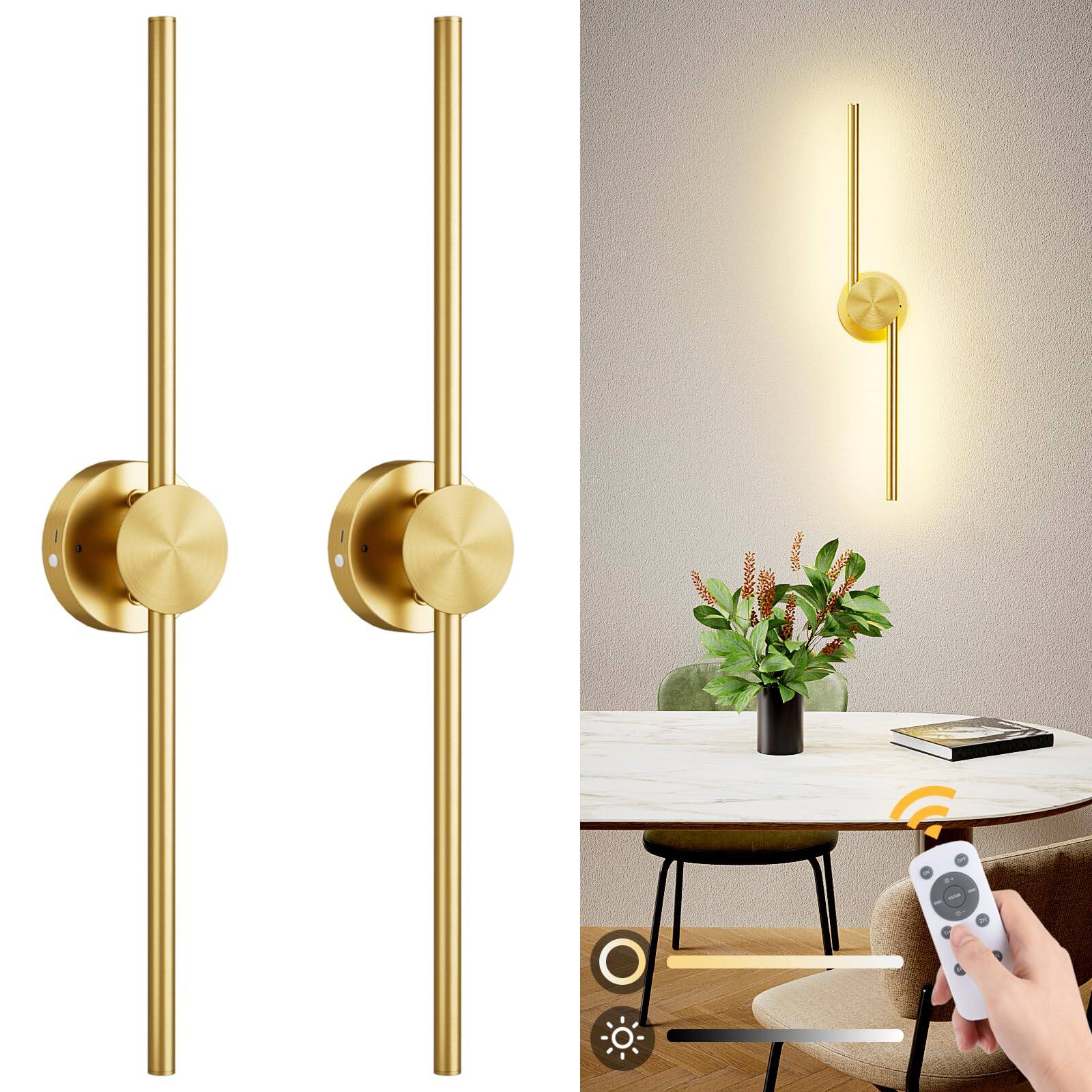 Front. HM 1810 - Operated Wall Sconces With Remote Control Dimmable Rotatable Lamppost k k Led Modern Wireless Sconce For Li - Gold 2 Pack.