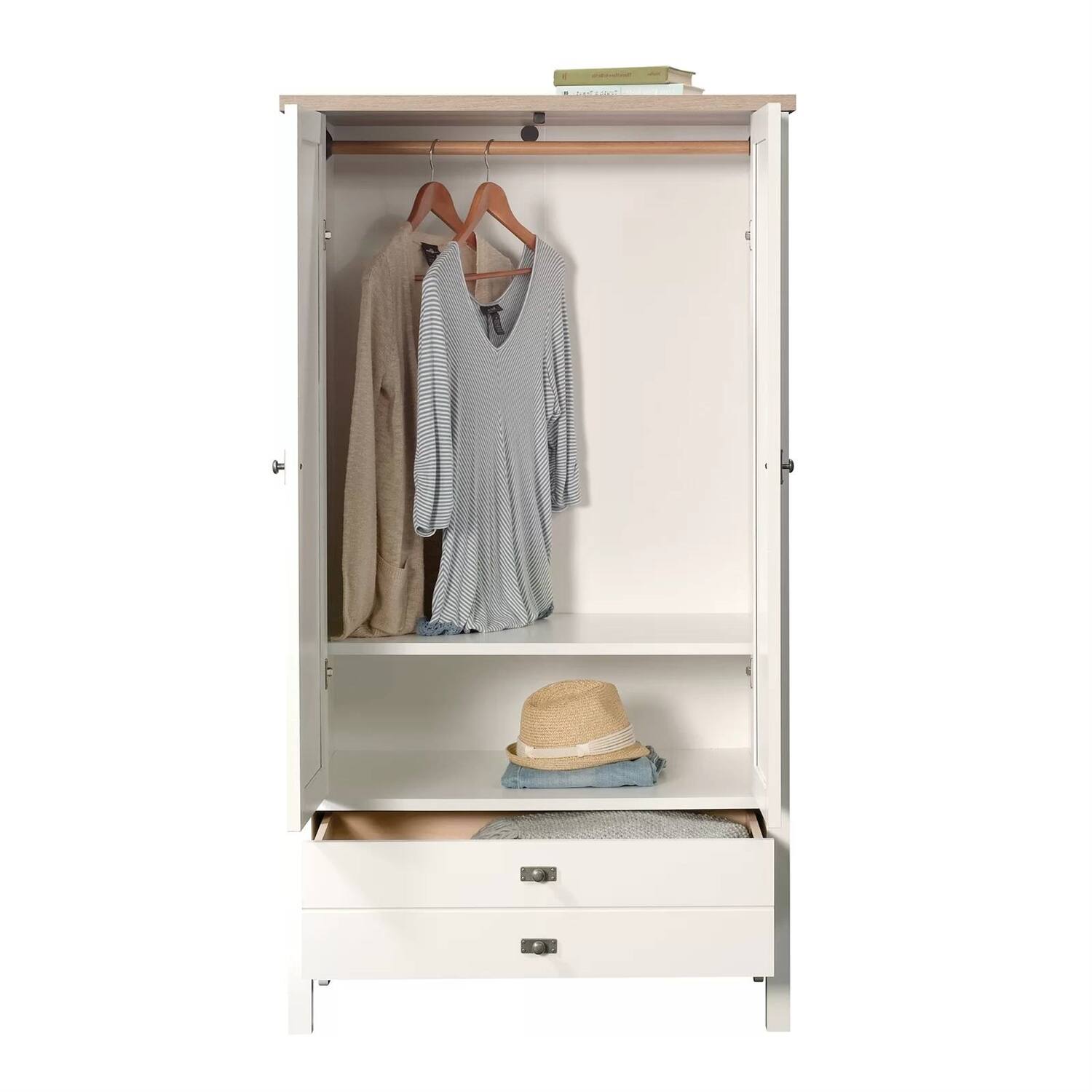 Back. Hivvago - Farmhouse Bedroom Armoire Cabinet w/ Bottom Storage Drawer in White Wood Finish - White.