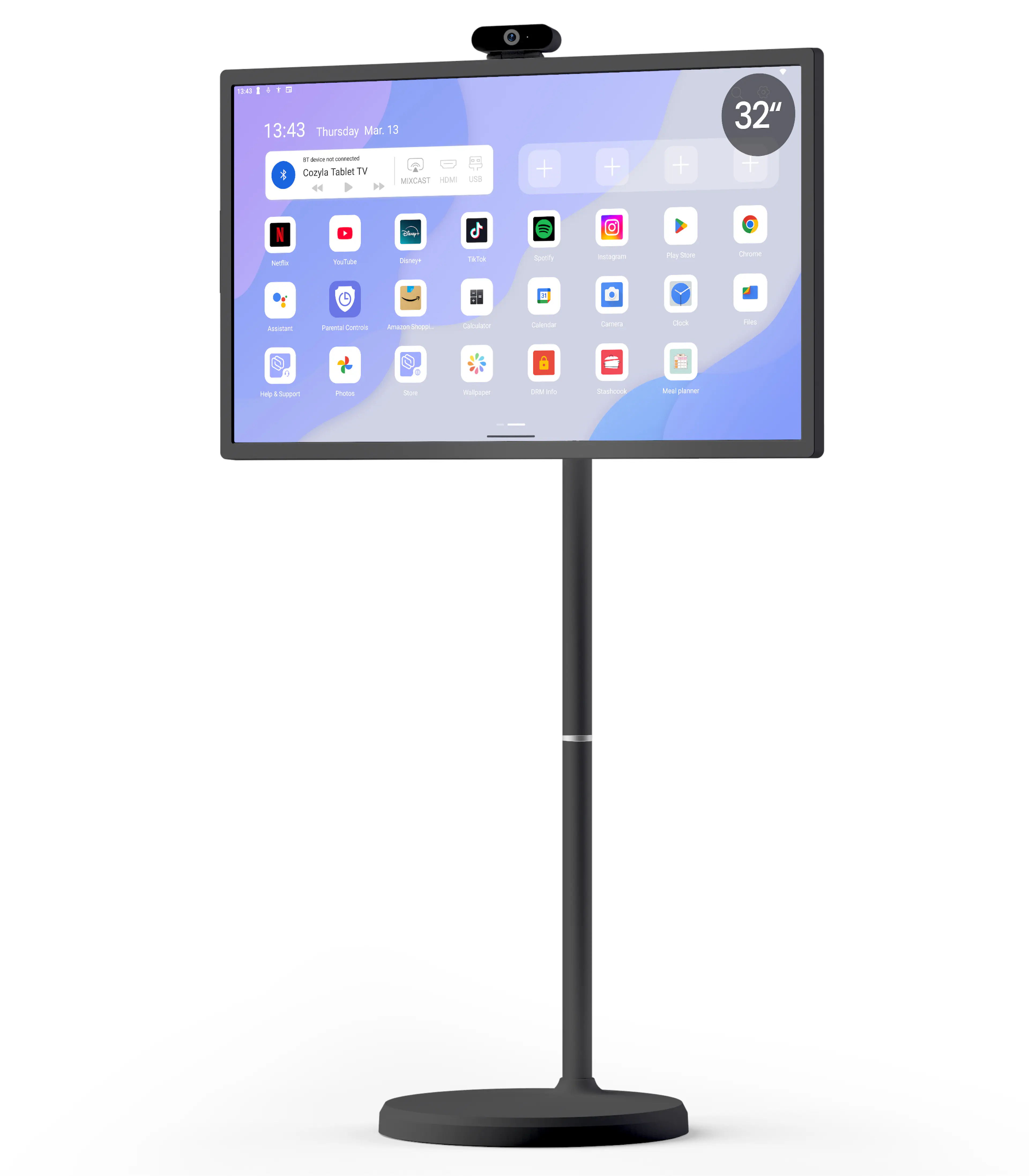 Cozyla - 32" Smart TV on Wheels, Movable Touchscreen Monitor with 4K Camera, Battery Powered Android Rolling TV